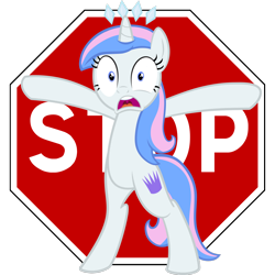 Size: 1460x1462 | Tagged: safe, artist:hfbn2, artist:liggliluff, oc, oc only, oc:princess paradise, species:pony, species:unicorn, bipedal, female, frown, looking at you, mare, open mouth, simple background, solo, stop, stop sign, transparent background, vector, wide eyes