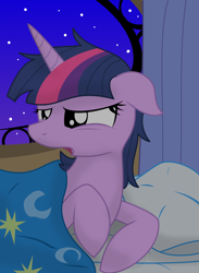 Size: 3000x4103 | Tagged: safe, artist:dazed-and-wandering, character:twilight sparkle, bed, female, messy mane, night, pillow, solo