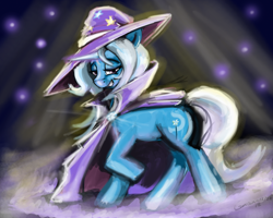 Size: 1280x1024 | Tagged: safe, artist:gunslingerpen, character:trixie, species:pony, species:unicorn, cape, clothing, female, grin, hat, mare, smiling, solo, trixie's cape, trixie's hat