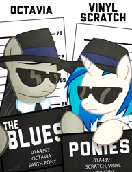 Size: 600x776 | Tagged: safe, artist:steveholt, character:dj pon-3, character:octavia melody, character:vinyl scratch, blues brothers, clothing, hat, mugshot, parody, suit, sunglasses