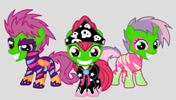 Size: 763x432 | Tagged: safe, artist:death-driver-5000, character:apple bloom, character:scootaloo, character:sweetie belle, species:pegasus, species:pony, episode:the show stoppers, g4, my little pony: friendship is magic, bandana, clothing, cutie mark crusaders, face paint, gray background, show stopper outfits, simple background, the mask