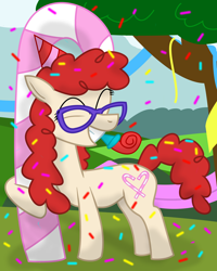 Size: 2000x2498 | Tagged: safe, artist:dazed-and-wandering, character:twist, species:earth pony, species:pony, candy cane, confetti, eyes closed, female, filly, glasses, high res, solo
