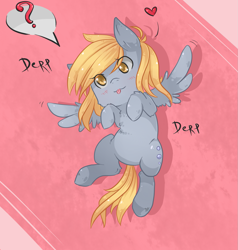 Size: 1265x1331 | Tagged: safe, artist:tomat-in-cup, character:derpy hooves, species:pegasus, species:pony, bellyrubs, blep, cute, female, heart, mare, on back, question mark, solo, tongue out