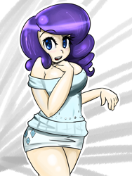 Size: 1024x1365 | Tagged: safe, artist:acharmingpony, character:rarity, species:human, breasts, busty rarity, clothing, curvy, female, humanized, miniskirt, off shoulder, short-sleeved sweater, skirt, solo, sweater, thighs, tube skirt