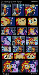 Size: 2504x4850 | Tagged: safe, artist:garretthegarret, character:applejack, character:fluttershy, character:rainbow dash, character:rarity, character:sunset shimmer, character:twilight sparkle, equestria girls:equestria girls, g4, my little pony: equestria girls, my little pony:equestria girls, alternate ending, bare shoulders, comic, forgiveness, friendship, ponied up, scene interpretation, sleeveless, strapless