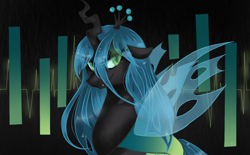 Size: 1580x980 | Tagged: safe, artist:mscootaloo, character:queen chrysalis, species:changeling, changeling queen, fangs, female, looking at you, smiling, solo, standing