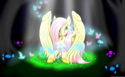 Size: 1137x703 | Tagged: safe, artist:bludraconoid, character:fluttershy, species:pegasus, species:pony, animal, butterfly, crepuscular rays, crying, dark, female, flower, forest, glowing mushroom, grass, lying down, mare, mushroom, prone, simple background, smiling, solo, spotlight, spread wings, tree, wings