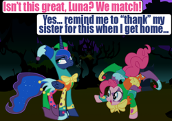 Size: 720x504 | Tagged: safe, artist:death-driver-5000, character:pinkie pie, character:princess luna, species:alicorn, species:earth pony, species:pony, clothing, comic, costume, dialogue, female, jester, jester pie, mare, nightmare night, open mouth, single panel, vector
