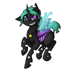 Size: 600x600 | Tagged: safe, artist:sinsays, oc, oc only, species:changeling, species:pony, angelgrace, changeling oc, collar, commission, cute, fangs, female, garnet, grin, hypnosis, hypnotized, looking at you, mare, necklace, purple changeling, raised hoof, smiling, solo, spiral, swirly eyes