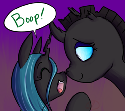 Size: 1000x888 | Tagged: safe, artist:ryuredwings, character:queen chrysalis, oc, species:changeling, boop, changeling oc, changeling queen, cute, cutealis, duo, duo female, eyes closed, female, filly queen chrysalis, gradient background, nose wrinkle, noseboop, nymph, ocbetes, open mouth, simple background, smiling