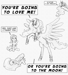Size: 1089x1200 | Tagged: safe, artist:siegfriednox, character:berry punch, character:berryshine, character:fluttershy, character:princess celestia, character:princess luna, dialogue, monochrome, pencil drawing, text, to the moon, traditional art, you're going to love me