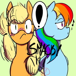 Size: 1000x1000 | Tagged: safe, artist:ryuredwings, character:applejack, character:rainbow dash, ship:appledash, applejack is a spankaholic, blushing, butt touch, exclamation point, feathermarking, female, lesbian, never doubt tchernobog's involvement, shipping, spanking, surprised, wingspank