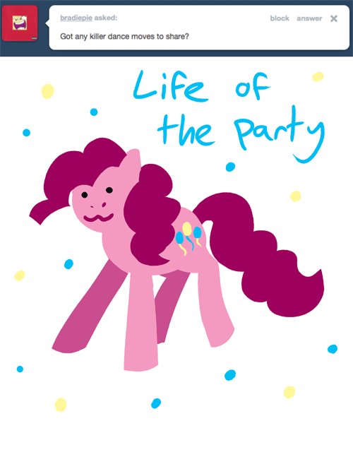 Size: 500x647 | Tagged: safe, artist:steveholt, character:pinkie pie, species:earth pony, species:pony, :3, animated, ask, cutie mark, dancing, female, gif, hooves, lineless, mare, pinkie pie answers, solo, tumblr