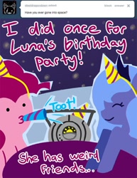 Size: 600x776 | Tagged: safe, artist:steveholt, character:pinkie pie, character:princess luna, species:alicorn, species:earth pony, species:pony, ask, clothing, eyes closed, female, hat, hooves, horn, lineless, mare, moon, on the moon, party, party hat, pinkie pie answers, smiling, space core, tumblr