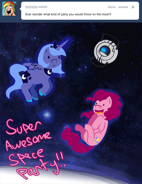 Size: 500x647 | Tagged: safe, artist:steveholt, character:pinkie pie, character:princess luna, animated, female, personality core, pinkie pie answers, portal (valve), space, tumblr, wheatley