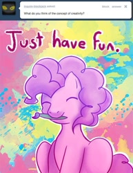 Size: 500x647 | Tagged: safe, artist:steveholt, character:pinkie pie, female, mouth hold, paintbrush, pinkie pie answers, solo, tumblr