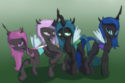 Size: 2553x1697 | Tagged: safe, artist:iados, character:princess cadance, character:princess celestia, character:princess luna, character:queen chrysalis, species:changeling, blue changeling, changeling queen, changelingified, gradient background, green background, princess cadalis, princess chryslestia, princess lusalis, purple changeling, simple background