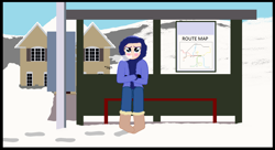 Size: 1957x1061 | Tagged: safe, artist:garretthegarret, character:rarity, my little pony:equestria girls, bus stop, clothing, coat, female, humanized, light skin, snow, solo, south park