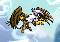 Size: 1754x1240 | Tagged: safe, artist:rambopvp, character:gilda, species:griffon, claws, cloud, cloudy, female, fighting stance, fluffy, flying, glare, gritted teeth, sharp, solo, spread wings, wings