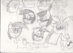 Size: 1024x746 | Tagged: safe, artist:toon-n-crossover, character:discord, character:pinkie pie, oc, ponysona, cute, dialogue, heart, love, monochrome, practice, reference sheet, speech bubble, whistling