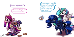 Size: 1800x900 | Tagged: safe, artist:esuka, character:princess cadance, character:princess celestia, character:princess luna, character:twilight sparkle, character:twilight sparkle (alicorn), species:alicorn, species:pony, alicorn tetrarchy, comic, dialogue, female, hazing, horseshoes, initiation, magic, mare, playing, pretzel, pretzel coordination, ring toss