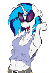 Size: 2000x2991 | Tagged: safe, artist:zomgitsalaura, character:dj pon-3, character:vinyl scratch, species:anthro, belly button, belt, clothing, female, midriff, panties, simple background, solo, stretching, thong, transparent background, underwear