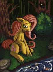 Size: 1178x1600 | Tagged: safe, artist:lexx2dot0, character:fluttershy, female, fish, river, scenery, solo, stream
