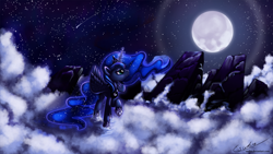 Size: 2000x1125 | Tagged: safe, artist:esuka, character:princess luna, cloud, cloudy, comet, female, moon, shooting star, solo