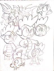 Size: 781x1023 | Tagged: safe, artist:toon-n-crossover, character:spike, doodles, monochrome, practice, reference sheet, traditional art