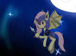 Size: 2794x2050 | Tagged: safe, artist:iados, character:flutterbat, character:fluttershy, species:bat pony, species:pony, episode:bats!, g4, my little pony: friendship is magic, armor, female, flying, helmet, moon, night guard, race swap, royal guard, solo, spear, weapon