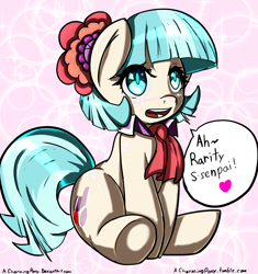 Size: 6670x7099 | Tagged: safe, artist:acharmingpony, character:coco pommel, character:rarity, species:earth pony, species:pony, ship:marshmallow coco, episode:rarity takes manehattan, g4, my little pony: friendship is magic, absurd resolution, cocobetes, cute, dialogue, female, heart, lesbian, mare, open mouth, senpai, shipping, solo, speech bubble