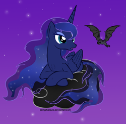 Size: 1839x1802 | Tagged: safe, artist:zomgitsalaura, character:princess luna, species:bat, chest fluff, cloud, fangs, female, missing accessory, prone, solo