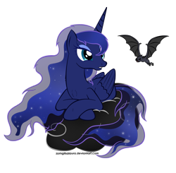 Size: 1839x1802 | Tagged: safe, artist:zomgitsalaura, character:princess luna, species:bat, chest fluff, cloud, fangs, female, missing accessory, prone, simple background, solo, transparent background