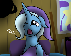 Size: 1280x1007 | Tagged: safe, artist:dazed-and-wandering, character:trixie, species:pony, species:unicorn, blanket, clothing, female, floppy ears, hat, mare, morning ponies, nightcap, open mouth, solo, yawn