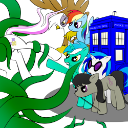 Size: 2880x2880 | Tagged: safe, artist:zomgitsalaura, character:dj pon-3, character:fleur-de-lis, character:gilda, character:lyra heartstrings, character:octavia melody, character:rainbow dash, character:vinyl scratch, species:griffon, high res, simple background, tardis, tentacles, transparent background