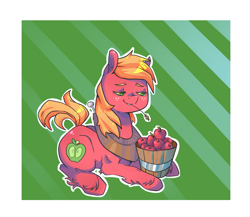 Size: 3009x2609 | Tagged: safe, artist:tomat-in-cup, character:big mcintosh, species:earth pony, species:pony, abstract background, apple, bucket, male, prone, solo, stallion, straw in mouth, unshorn fetlocks