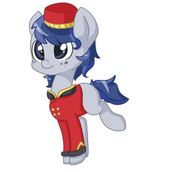 Size: 1280x1280 | Tagged: safe, artist:rue-willings, character:welcome inn, episode:rarity takes manehattan, g4, my little pony: friendship is magic, bell hop, bellboy, clothing, cute, freckles, hat, porter, raised leg, simple background, smiling, solo, transparent background, uniform