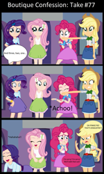 Size: 451x750 | Tagged: safe, artist:garretthegarret, character:applejack, character:fluttershy, character:pinkie pie, character:rarity, episode:outtakes, g4, my little pony: equestria girls, my little pony:equestria girls, animated actors, blooper, comic, human coloration, humor, sneeze into hand, sneezing, snot