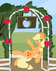 Size: 791x1010 | Tagged: safe, artist:daydreamsyndrom, character:applejack, female, fence, leaning, looking at you, solo, tongue out