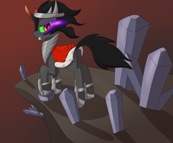 Size: 2500x2060 | Tagged: safe, artist:iados, character:king sombra, species:pony, species:umbrum, species:unicorn, crystal, crystal empire, dark magic, dock, fangs, grin, looking at you, looking back, magic, male, plot, smiling, solo, sombra eyes, sombutt, standing