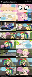 Size: 3950x9500 | Tagged: dead source, safe, artist:garretthegarret, character:fluttershy, character:rainbow dash, comic:a weekend away, my little pony:equestria girls, alternate hairstyle, car, comic, driving, gift giving, human coloration, map, road, surprised, terry the triumph, ticket, triumph, triumph acclaim, vacation
