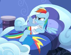 Size: 1280x992 | Tagged: safe, artist:liggliluff, artist:wjmmovieman, character:rainbow dash, bed, clothing, exercise, female, frilly underwear, panties, solo, tank top, underwear, weight lifting, weights