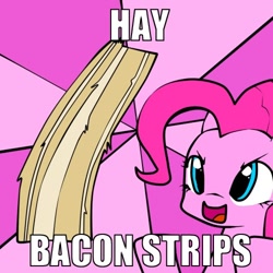 Size: 500x500 | Tagged: safe, artist:derpiihooves, character:pinkie pie, species:earth pony, species:pony, g4, abstract background, epic cupcake time, female, hay bacon strips, image macro, mare, meme, solo