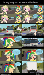 Size: 3950x6670 | Tagged: dead source, safe, artist:garretthegarret, character:fluttershy, character:rainbow dash, comic:a weekend away, my little pony:equestria girls, alternate hairstyle, bus, car, comic, driving, human coloration, road, street sign, terry the triumph, traffic, triumph, triumph acclaim, truck