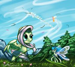 Size: 1480x1314 | Tagged: safe, artist:esuka, character:fluttershy, species:breezies, episode:it ain't easy being breezies, g4, my little pony: friendship is magic, flying, grass, wind, windswept mane