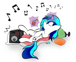 Size: 961x786 | Tagged: safe, artist:zomgitsalaura, character:dj pon-3, character:vinyl scratch, female, ipod, magic, music notes, relaxing, simple background, solo, white background