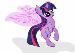 Size: 2538x1803 | Tagged: safe, artist:zomgitsalaura, character:twilight sparkle, character:twilight sparkle (alicorn), species:alicorn, species:pony, artificial wings, augmented, female, magic, magic wings, mare, simple background, solo, white background, wings