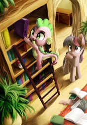 Size: 748x1069 | Tagged: safe, artist:locksto, character:spike, character:twilight sparkle, character:twilight sparkle (unicorn), species:dragon, species:pony, species:unicorn, g4, book, female, golden oaks library, high angle, ladder, looking up, male, mare, messy, observer, three quarter view, working