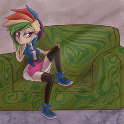Size: 2500x2500 | Tagged: safe, artist:checkerboardazn, character:rainbow dash, species:human, alternate hairstyle, clothing, equestria girls outfit, female, humanized, sitting pretty, solo, stockings, thigh highs