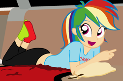 Size: 1922x1266 | Tagged: safe, artist:garretthegarret, character:rainbow dash, comic:caught in the storm, my little pony:equestria girls, clothing, female, human coloration, legs in air, mismatched socks, missing shoes, prone, socks, solo